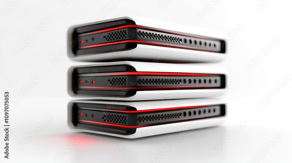 Aufkleber three stacked devices with a sleek design and red accents, likely for technology or storage.