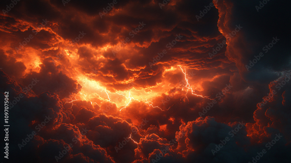 Poster dramatic red clouds illuminated by lightning in a powerful nighttime thunderstorm