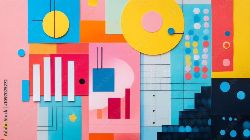 Poster abstract geometric collage - colorful paper shapes and patterns - modern art background