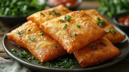 Crispy fried samosas with fresh herbs on a rustic wooden table
