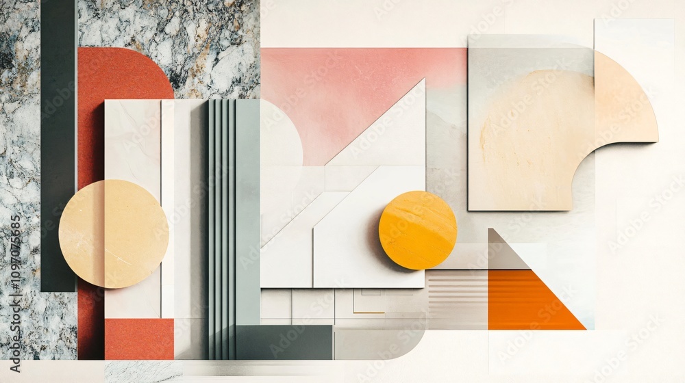 Poster abstract composition of geometric shapes in soft pastel hues, creating a harmonious balance of form 
