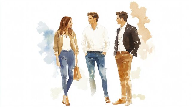Watercolor Elegance: A portrayal of stylish individuals engaging in conversation, showcasing modern fashion and lifestyle elements through artistic watercolor techniques.