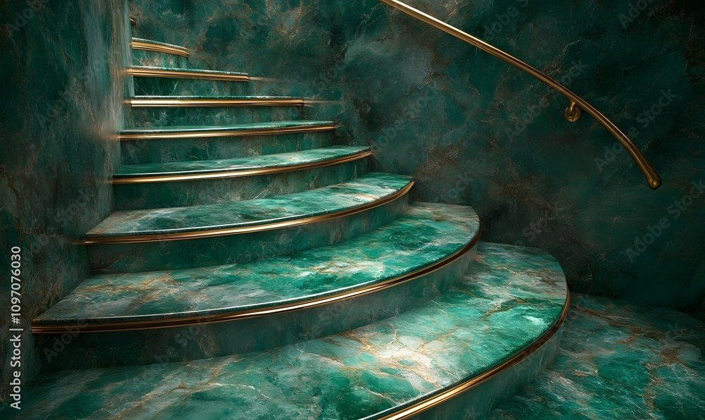 Poster a high-resolution image capturing the intricate details of a staircase with emerald marble steps