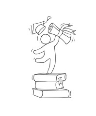 Happy student graduates on ceremony for university or college degree diploma. Success high school education concept. Vector hand drawn man throw graduation caps and certificate scrolls in air standing