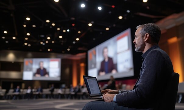 Hybrid event stage with digital and in-person setup