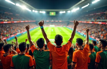 Fototapeta premium Excited football fans cheer at stadium. People celebrate soccer game victory. African team supporters. Orange green jerseys. Huge crowd energy. Passionate fans. International sports event.