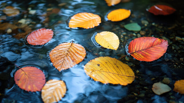 Autumn Leaves Floating on Water