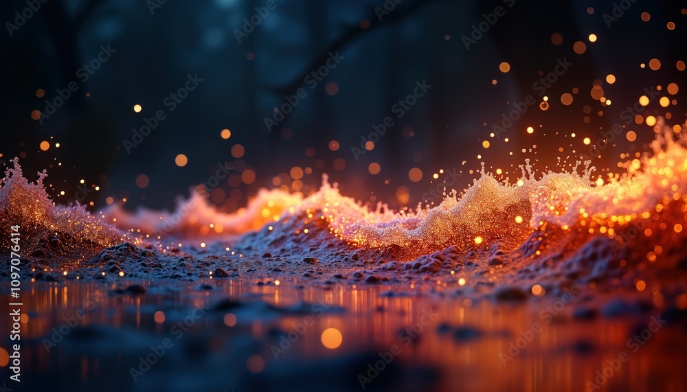 Poster Glowing particles wave. Abstract music visualization. Bright orange light energy. Design element. Space nebula. Dark fantasy cosmic background. Universe galaxy. Night sky. Astronomy science. Trendy