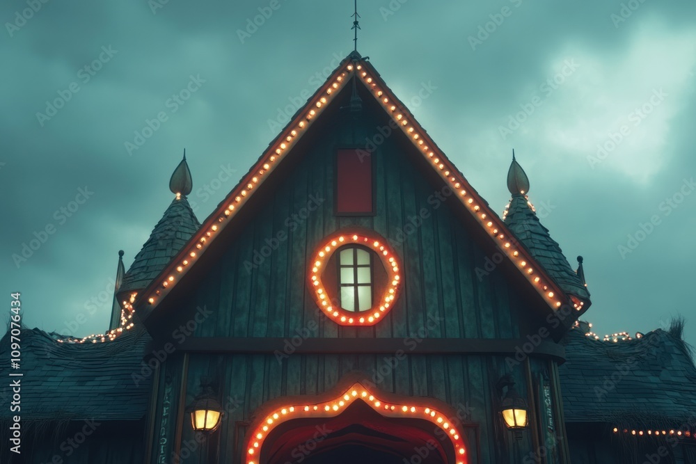 Poster a whimsical building adorned with lights under a moody sky.
