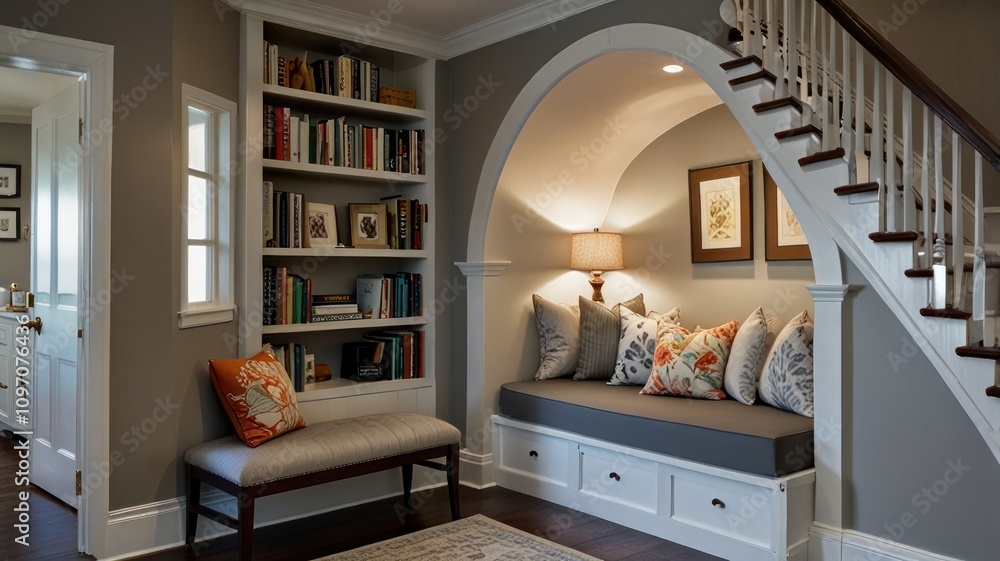 Poster cozy reading nook under staircase with built-in bench and bookshelf.