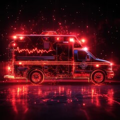 A glowing, futuristic ambulance design illuminated in red lights against a dark background.