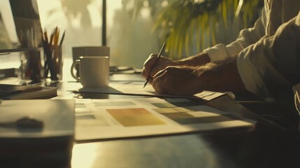 A person sketches at a sunlit desk with art supplies and a coffee cup nearby.