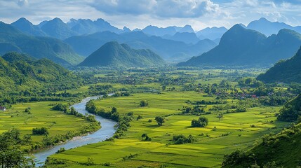 Obraz premium Scenic river valley with lush green rice paddies and karst mountains under a partly cloudy sky.