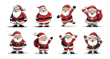 A vector illustration set of cheerful Santa Claus cartoon characters.