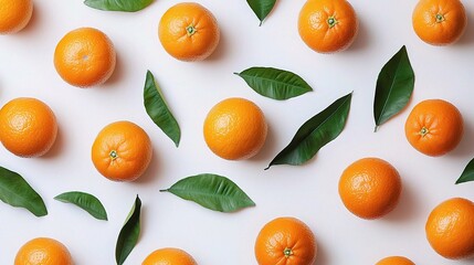 Fresh Oranges Isolated on White Background with Green Leaves