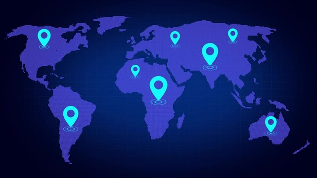 World map with global technology destination location concept. Motion graphics, animation 4k video.