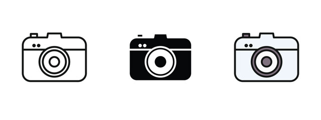 Set of 3 "Photo Camera" icons with 1 line, 1 silhouette n 1 colored icon with an unexpanded vector icon inside - icon of photo camera for photography capturing moments n visual media