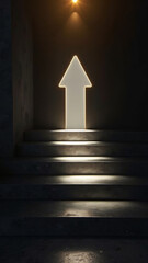Futuristic glowing arrow pointing up in a moody atmosphere