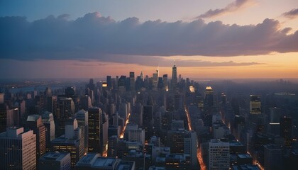 Una vista panor&aacute;mica del bullicioso horizonte de la ciudad al atardecer. El paisaje urbano est&aacute; lleno de altos rascacielos y edificios iluminados por el c&aacute;lido resplandor del sol poniente.