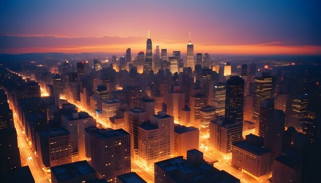 Una vista panor&aacute;mica del bullicioso horizonte de la ciudad al atardecer. El paisaje urbano est&aacute; lleno de altos rascacielos y edificios iluminados por el c&aacute;lido resplandor del sol poniente.