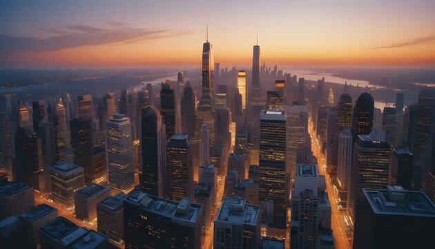 Una vista panor&aacute;mica del bullicioso horizonte de la ciudad al atardecer. El paisaje urbano est&aacute; lleno de altos rascacielos y edificios iluminados por el c&aacute;lido resplandor del sol poniente.