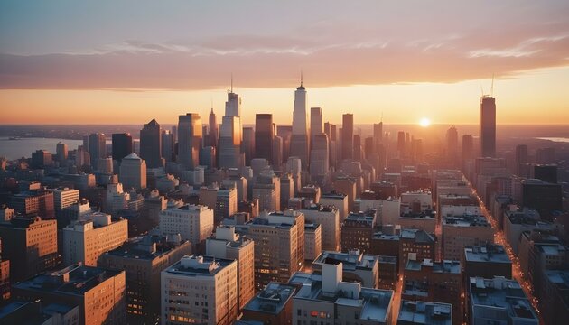 Una vista panor&aacute;mica del bullicioso horizonte de la ciudad al atardecer. El paisaje urbano est&aacute; lleno de altos rascacielos y edificios iluminados por el c&aacute;lido resplandor del sol poniente.