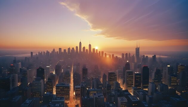 Una vista panor&aacute;mica del bullicioso horizonte de la ciudad al atardecer. El paisaje urbano est&aacute; lleno de altos rascacielos y edificios iluminados por el c&aacute;lido resplandor del sol poniente.