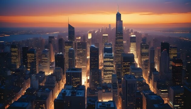Una vista panor&aacute;mica del bullicioso horizonte de la ciudad al atardecer. El paisaje urbano est&aacute; lleno de altos rascacielos y edificios iluminados por el c&aacute;lido resplandor del sol poniente.