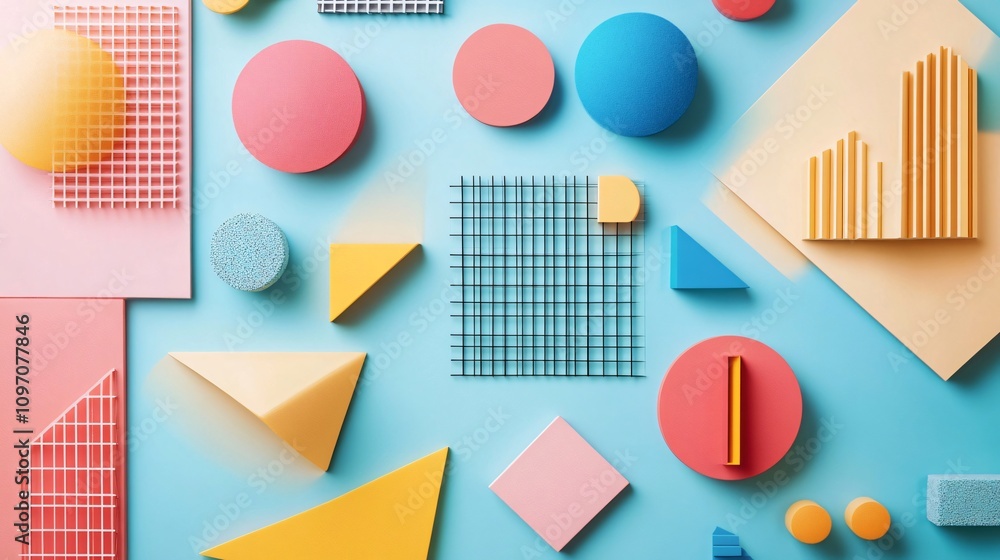 Poster paper cutout abstract composition with colorful squares and circles