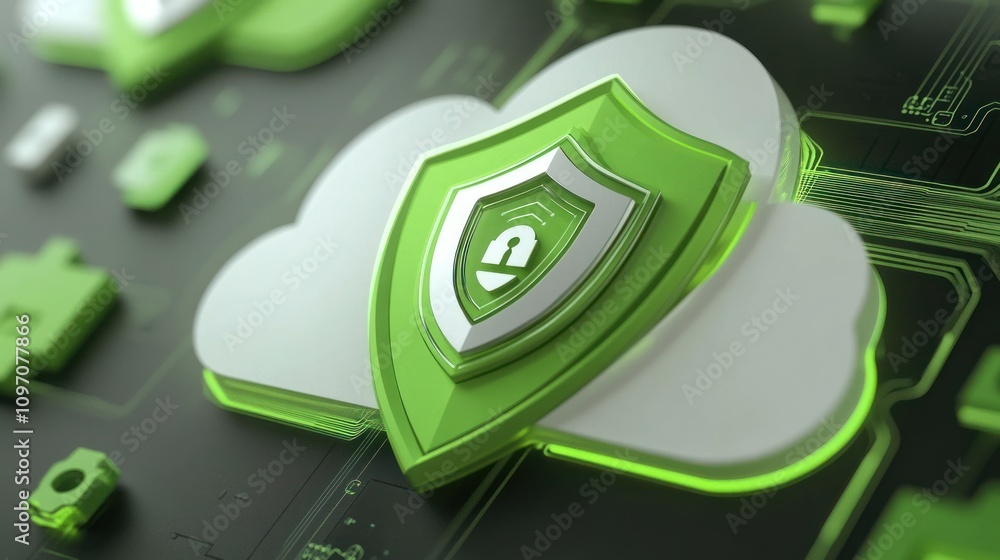 Fototapete a digital shield symbolizing cloud security with a lock, emphasizing data protection.