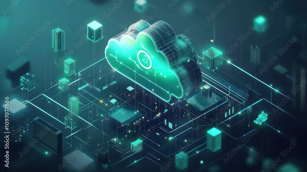 Fototapete Digital cloud computing concept with interconnected data blocks and futuristic design.