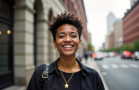 Happy non binary person smiles outdoors. Urban city street portrait. Asian woman with short hair. They wear necklace earrings. LGBTQ female model poses.