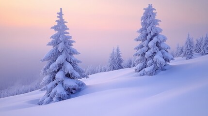 Fototapeta premium Winter wonderland landscape snow-covered pines serene environment early morning light nature photography