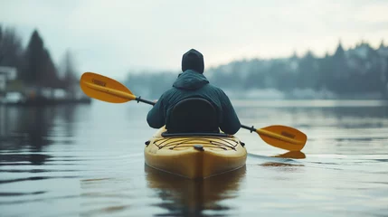 Fototapete Solo Kayaking Adventure Serene Lake Paddle Calm Waters Nature Escape © lisbeth