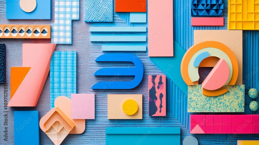 Poster abstract composition of colorful geometric shapes on textured background. vivid colors and trendy de