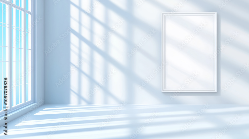 Poster bright and airy room with empty frame by the window casting soft shadows
