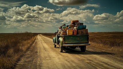 Fototapeta premium Adventure road trip rustic countryside outdoor photography open landscape rear view journey of discovery