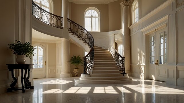 Grand, elegant entryway with a curved staircase, sunlight streaming through arched windows.