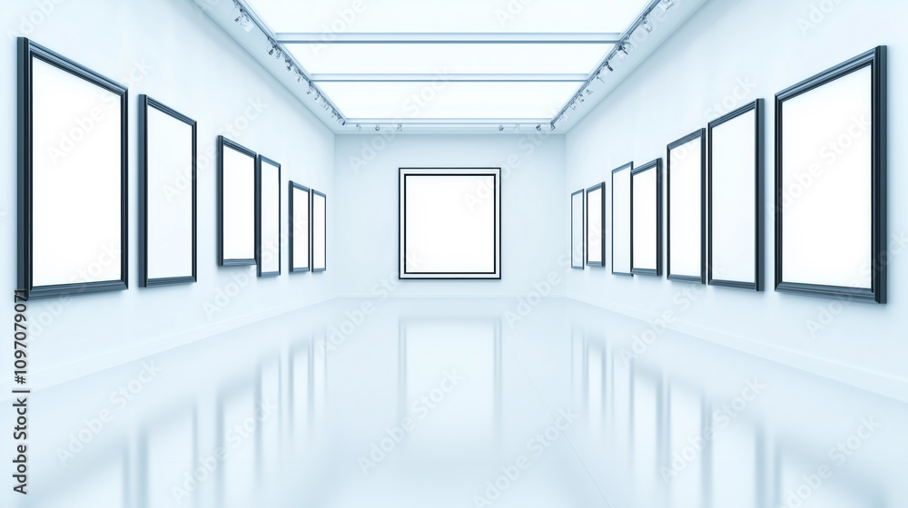 Poster art gallery with empty frames showcasing minimalist design and lighting in a clean space