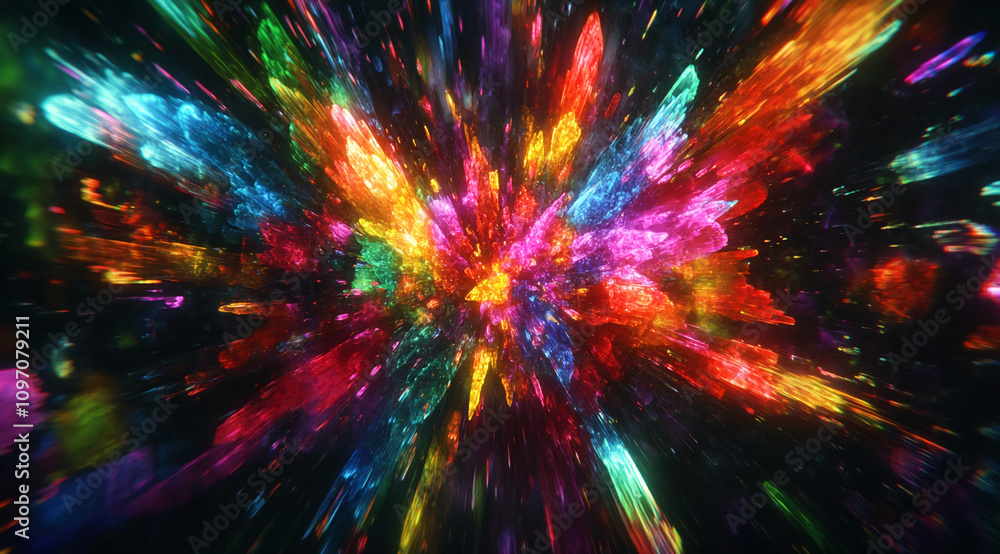 Poster colorful explosion of light and abstract shapes creates vibrant energy effect in dark background