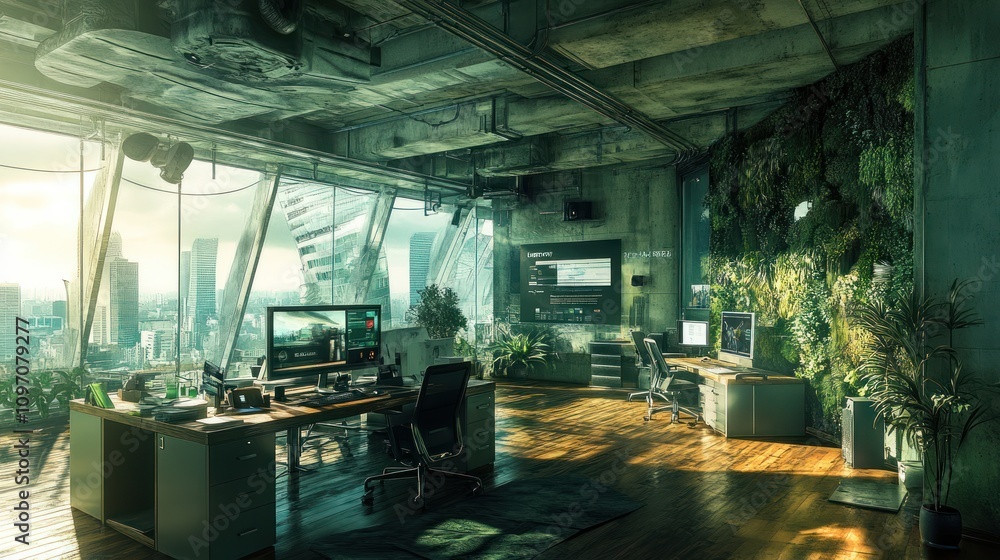 Poster a modern office space blending technology and nature with large windows and greenery.
