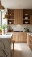Stylish minimalist kitchen with black cabinets and marble countertops