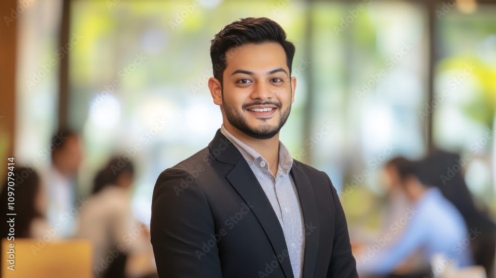 Poster a professional man smiling confidently in a business setting with colleagues in the background.