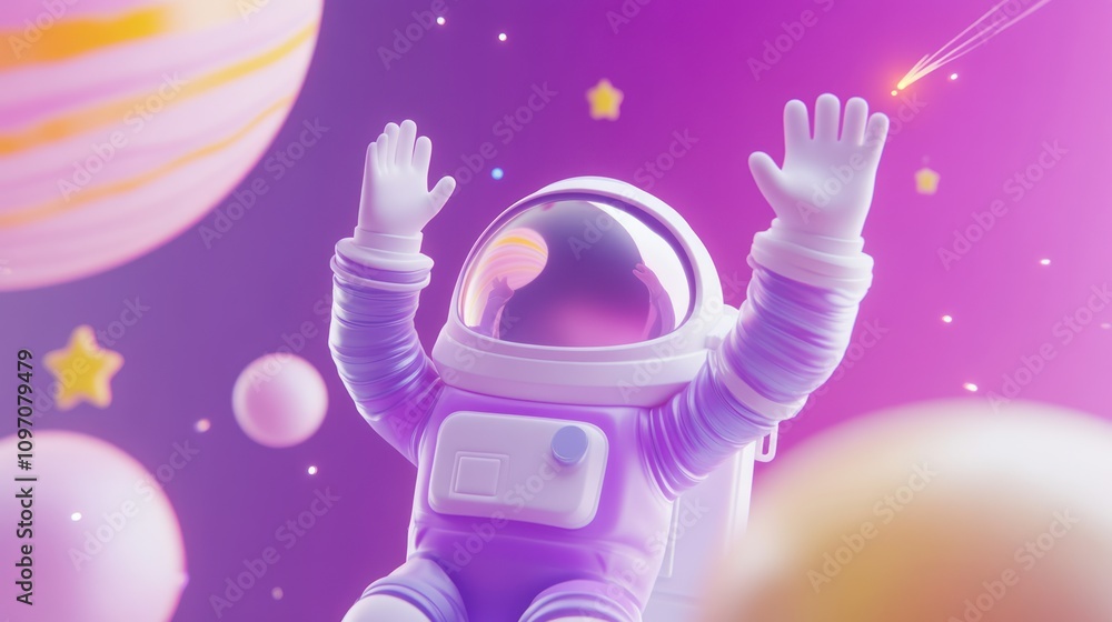 Poster A whimsical astronaut floats in a colorful space scene with planets and stars.