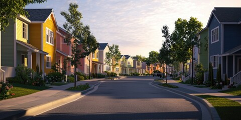 Obraz premium A quiet residential street with smooth curves and colorful houses lining the road, illuminated by the warm glow of evening lights.