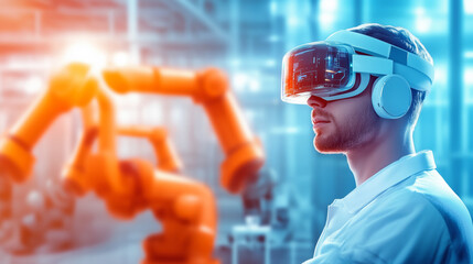 Engineer using virtual reality headset to interact with industrial robot in a modern factory