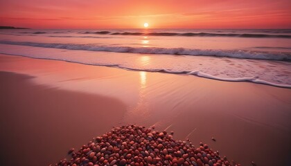 Una impresionante puesta de sol sobre el océano, con vibrantes tonos naranjas y rosados ​​en el cielo que se reflejan en las tranquilas y ondulantes olas. La playa está cubierta de arena húmeda y pequ
