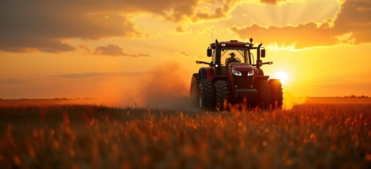 Red tractor plows field at sunset. Farmer drives powerful machine across golden crop. Dust rises behind vehicle. Rural agriculture scene. Farm equipment in countryside.
