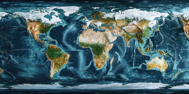 A global map showing the environmental and economic impact of climate change, with data points representing various regions and their contributions to global warming.