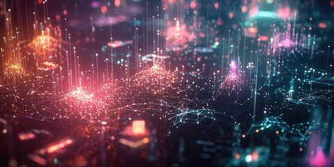 Obraz premium A futuristic digital landscape showing the global integration of wireless technology, with a network of connected devices and glowing data streams.